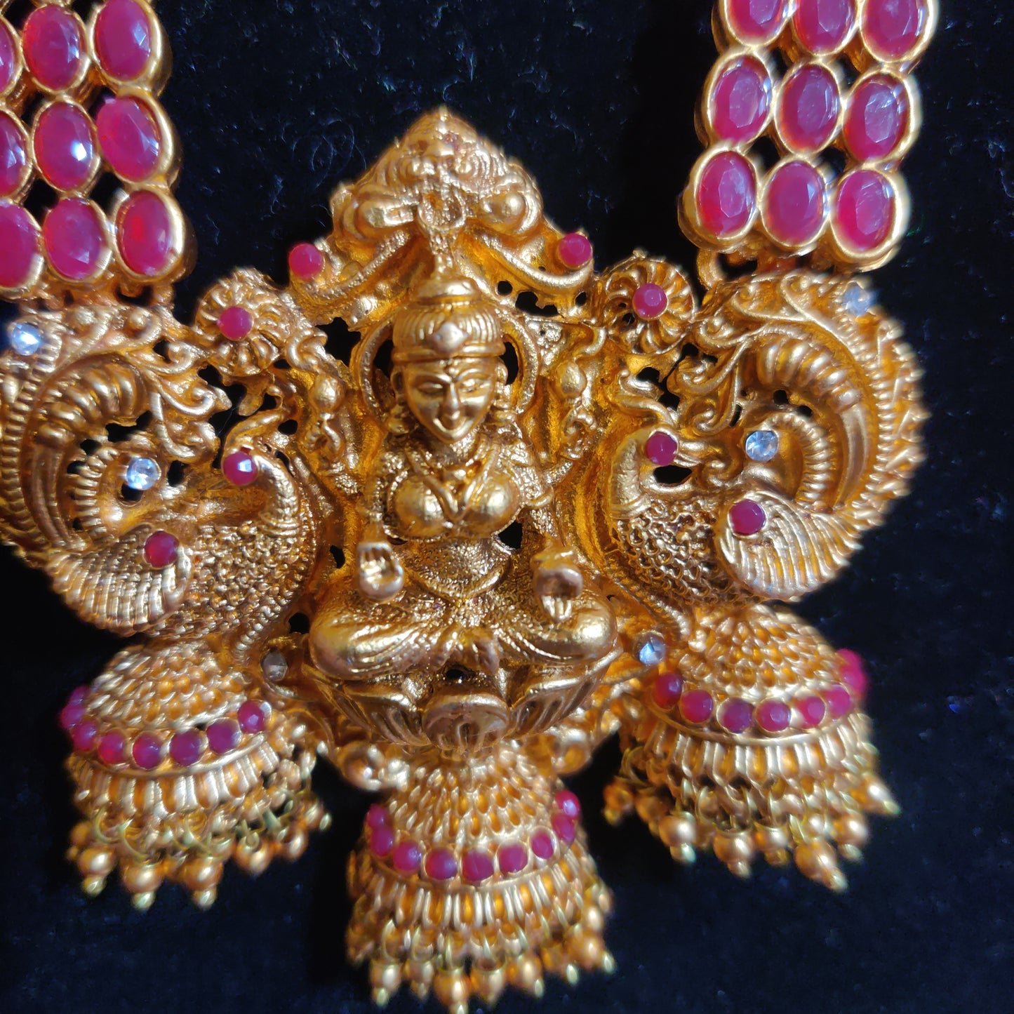 Dazzling Antique Gold Plated Long Lakshmi Ruby Haaram Set With Jumkhas Earrings In USA
