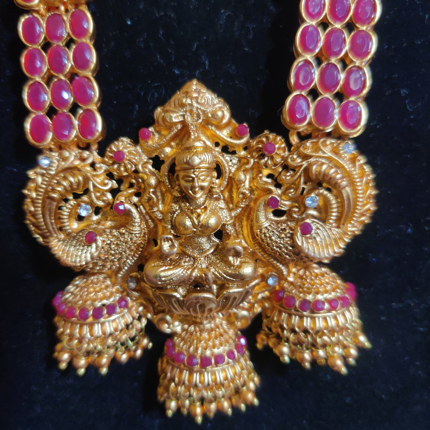 Dazzling Antique Gold Plated Long Lakshmi Ruby Haaram Set With Jumkhas Earrings In Yuma