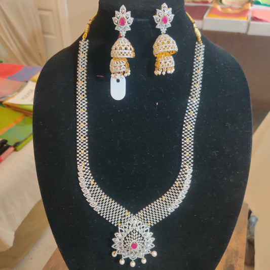 Dazzling Pink Stoned Desinger Long Necklace With Double Step Jumkha Earrings 