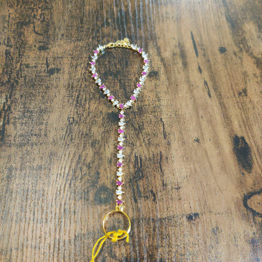 Gold Plated, Pink And White Combination of Hand Chain with Finger Ring