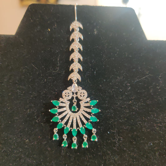 Fabulous AD-CZ Maang Tikka With White And Green Colored Stones