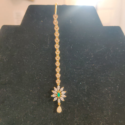 Elegant AD Maang Tikka With White And Green Colored Stones
