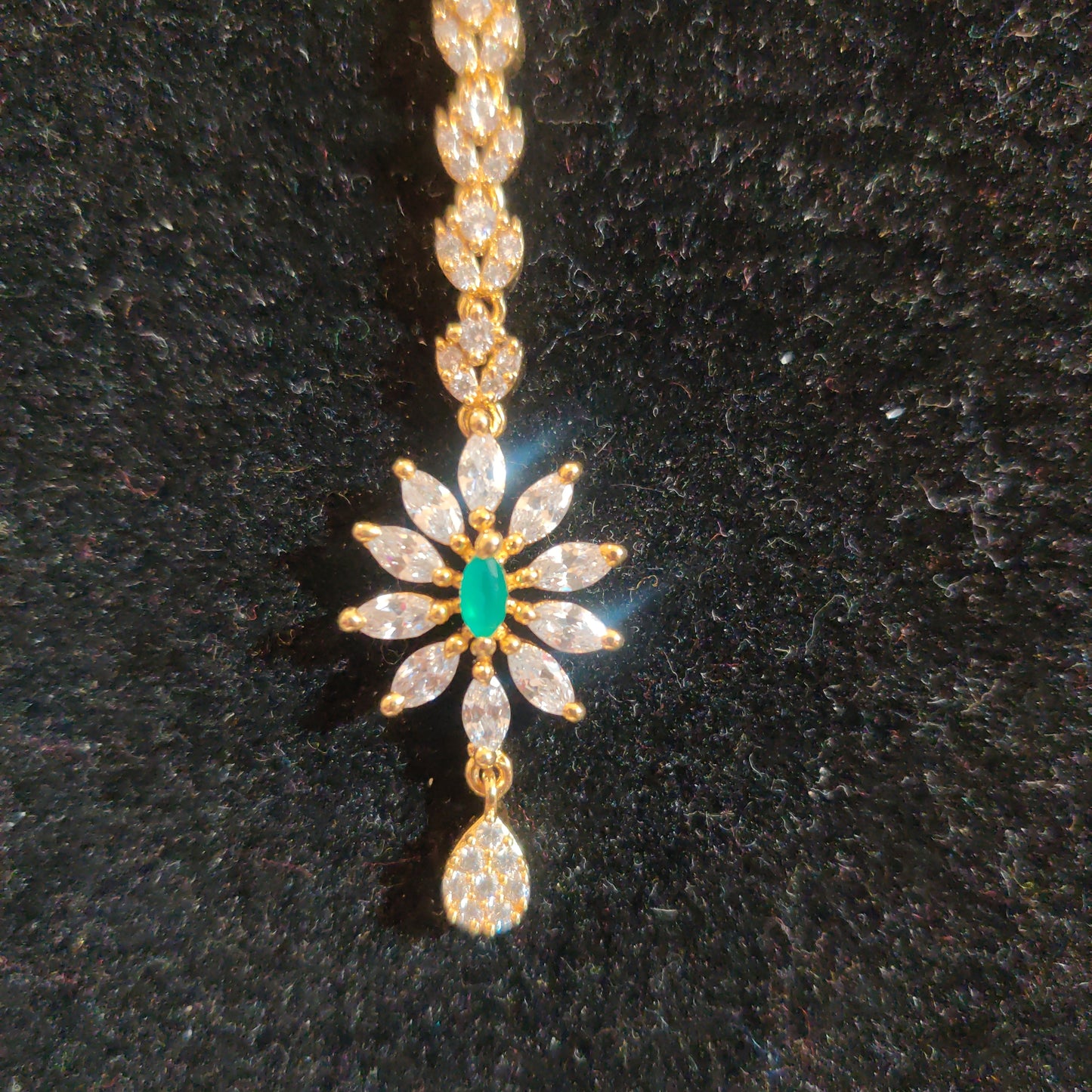 Elegant AD Maang Tikka With White And Green Colored Stones