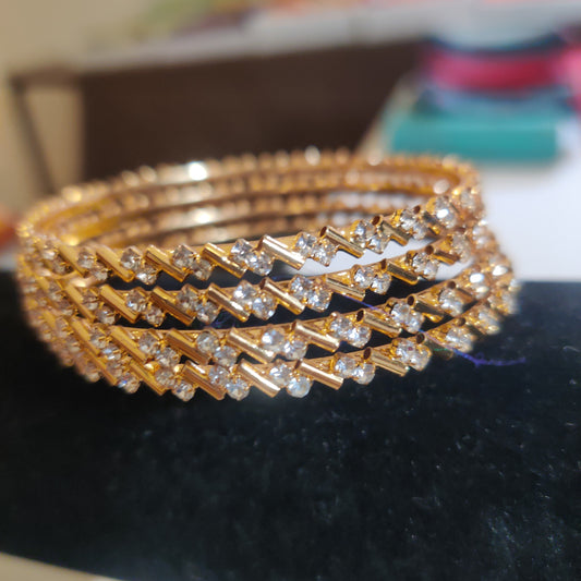 Simple Gold Plated Bangles Set of 4  With White stones