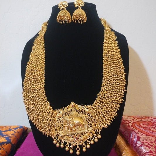Traditional Gold Plated Elephant Design Necklace With Earrings Set