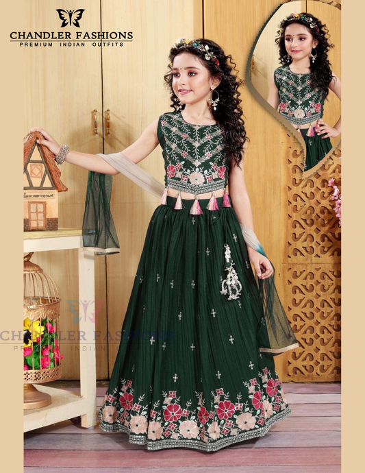 Attractive Dark Green Color Embroidery And Sequins Work Choli Set With Dupatta For Girls