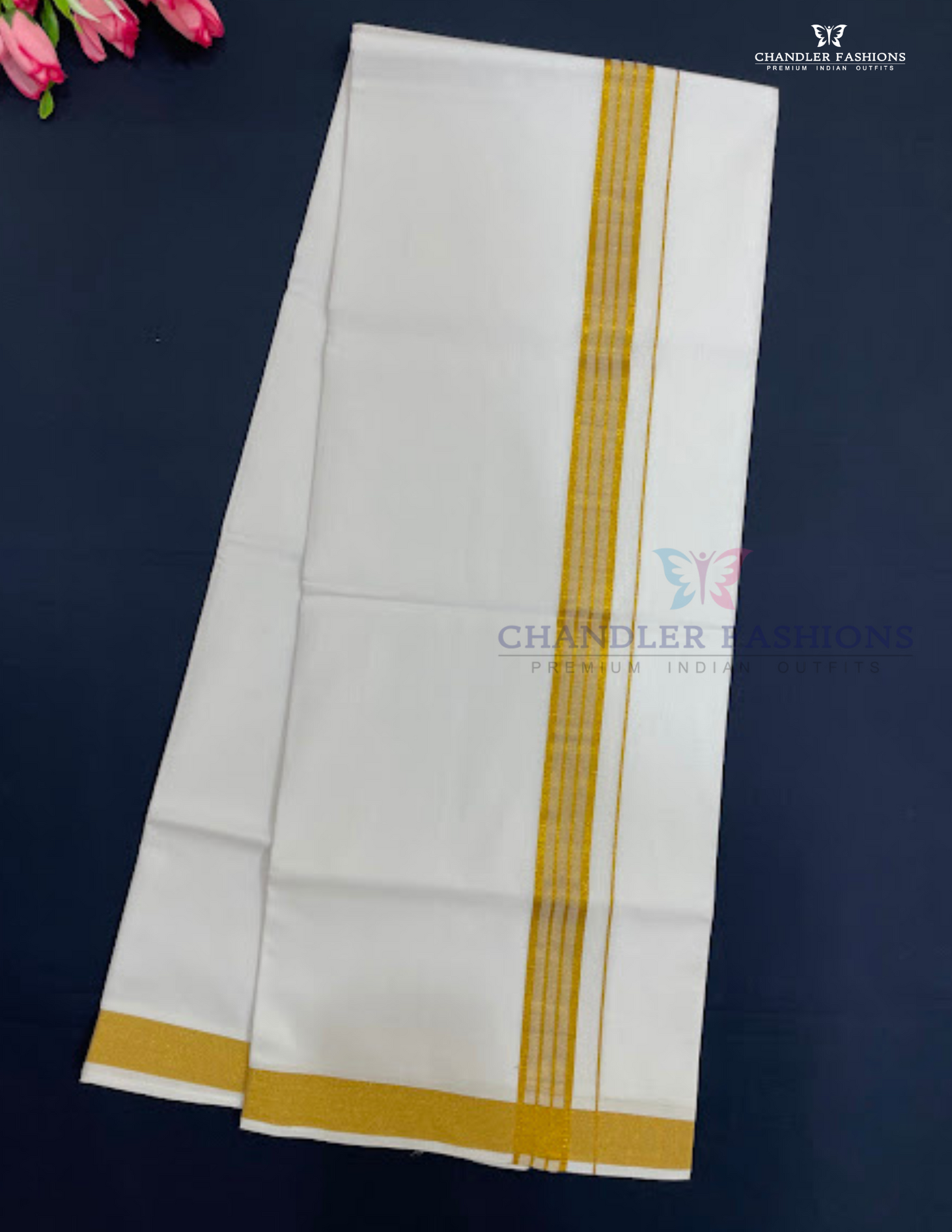 Fashionable Men's White Premium Pure Cotton Golden Zari Border Dhoti Set