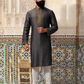 Charming Black Color Embroidery Work  Slub Silk Kurta With Pajama Pant For Men
