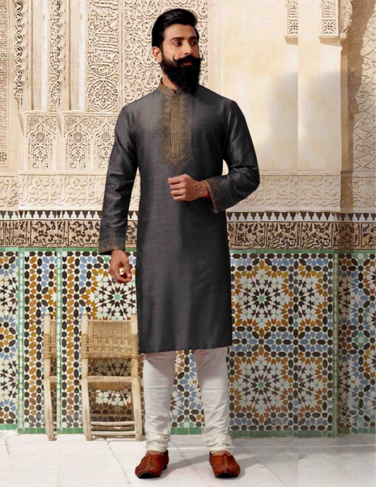 Charming Black Color Embroidery Work  Slub Silk Kurta With Pajama Pant For Men