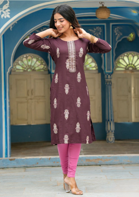 Alluring Brown Color Gold Design Print Rayon Kurti For Women