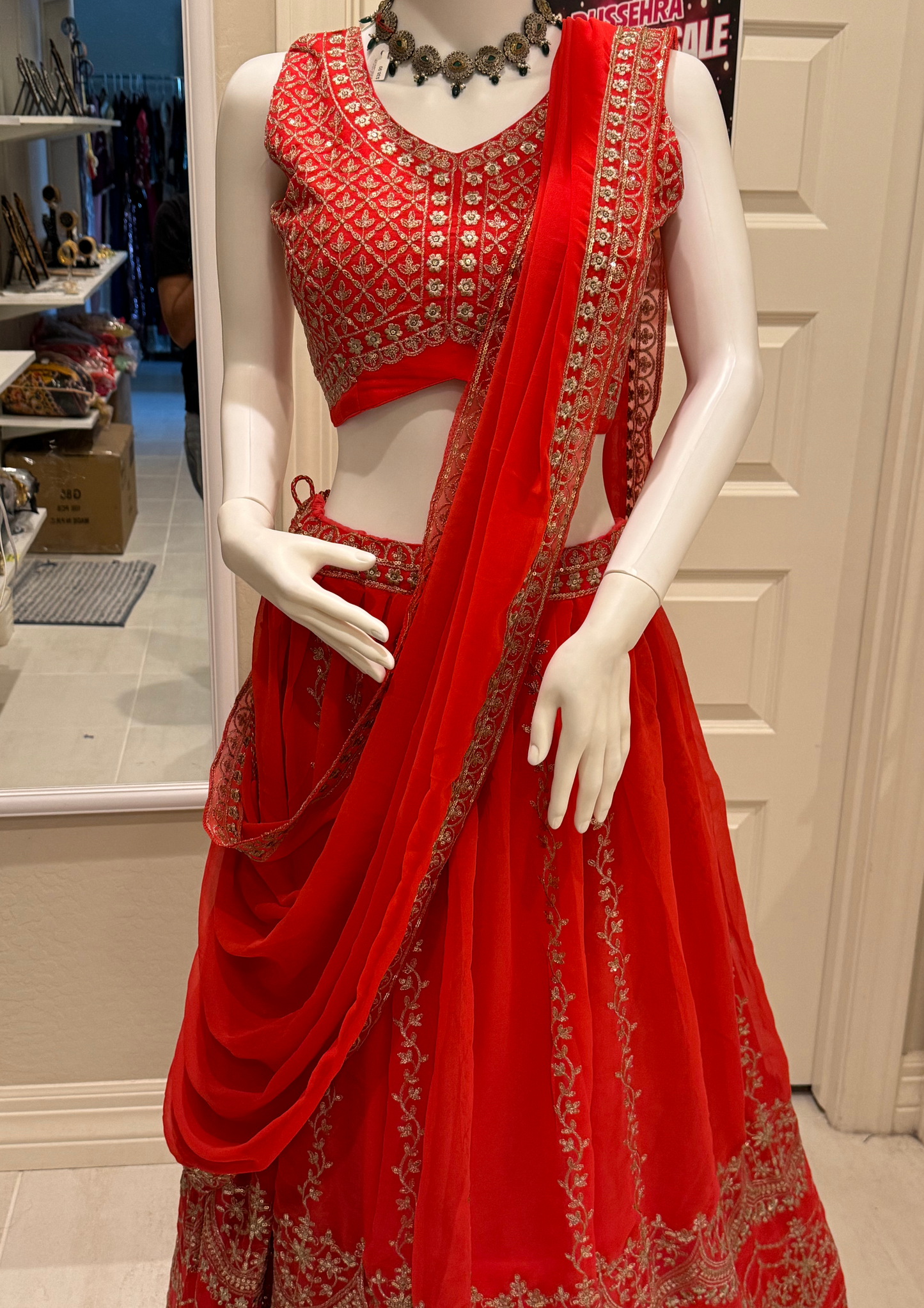 Orange Sequins Thread Work Lehenga With Dupatta Set In USA