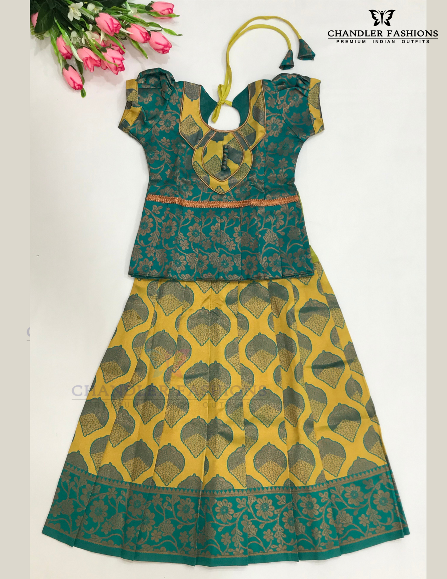 Alluring Green And Yellow Colored Self Design Silk Langa Sets For Girls