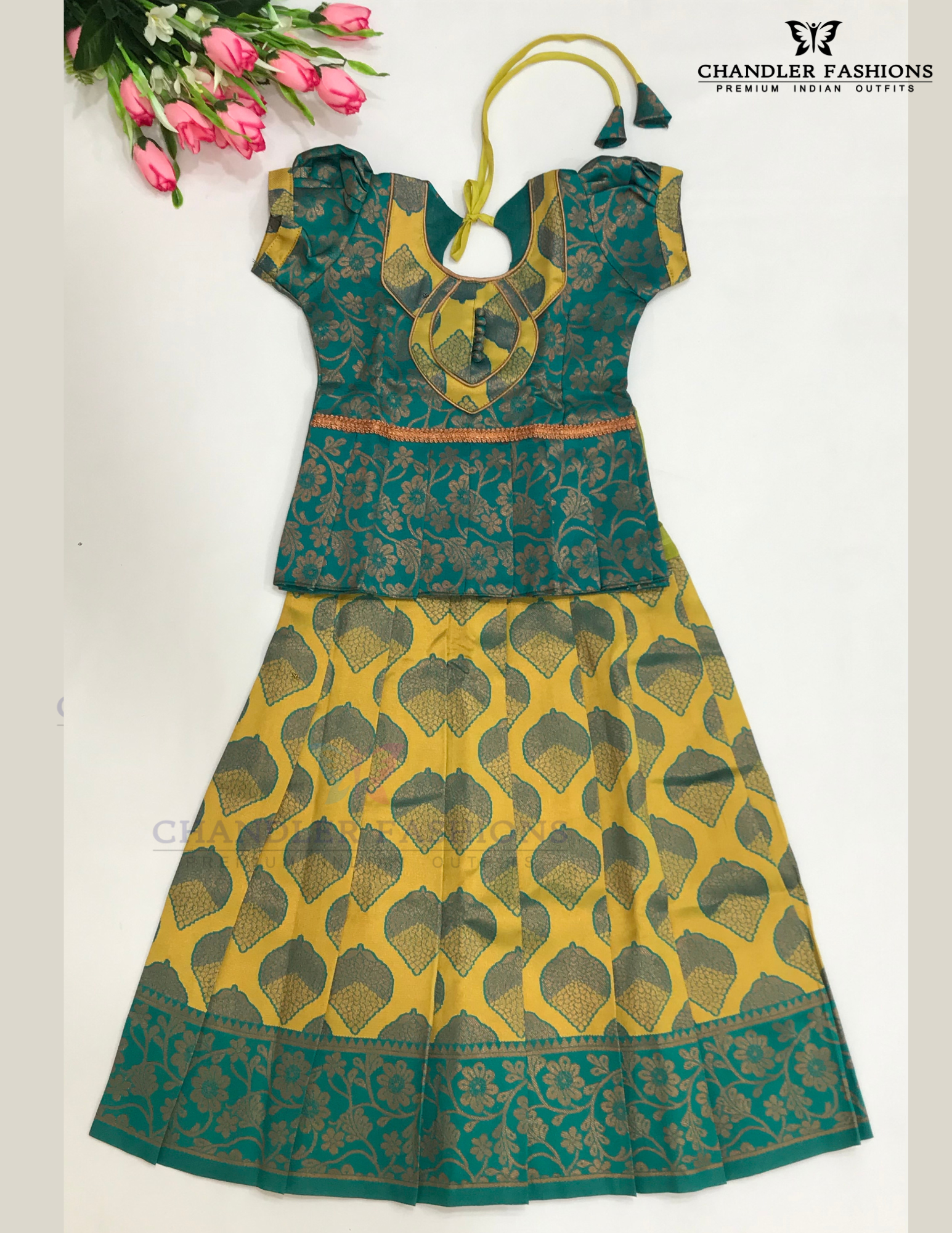 Alluring Green And Yellow Colored Self Design Silk Langa Sets For Girls