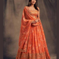 Elegant Orange Color Rose Printed Design and Golden Zari and Sequins Embroidered Lehenga