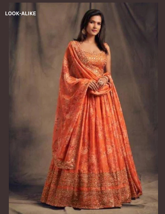 Elegant Orange Color Rose Printed Design and Golden Zari and Sequins Embroidered Lehenga