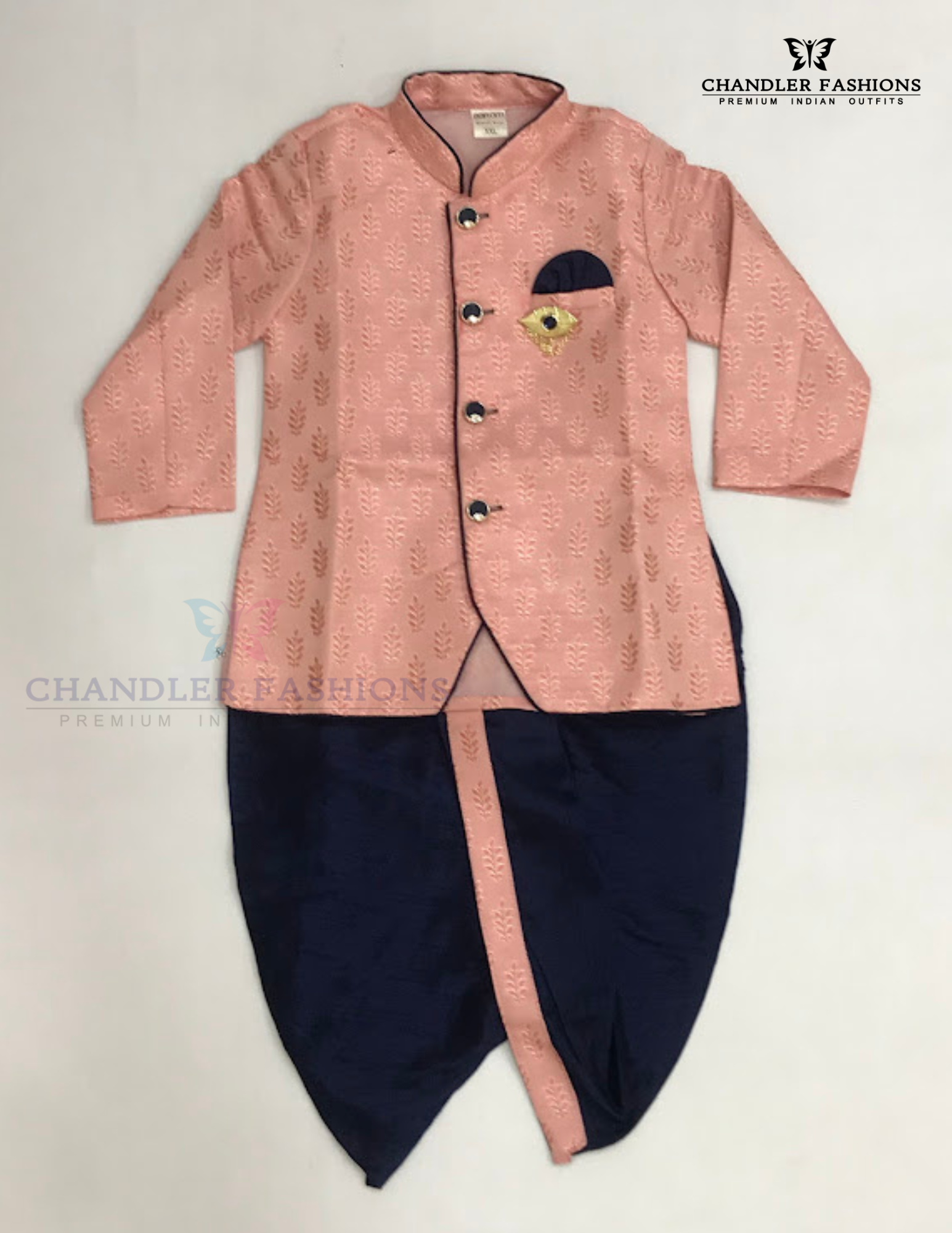 Pretty Peach Color Silk Cotton With Brooch Pin Sherwani Suit For Boys