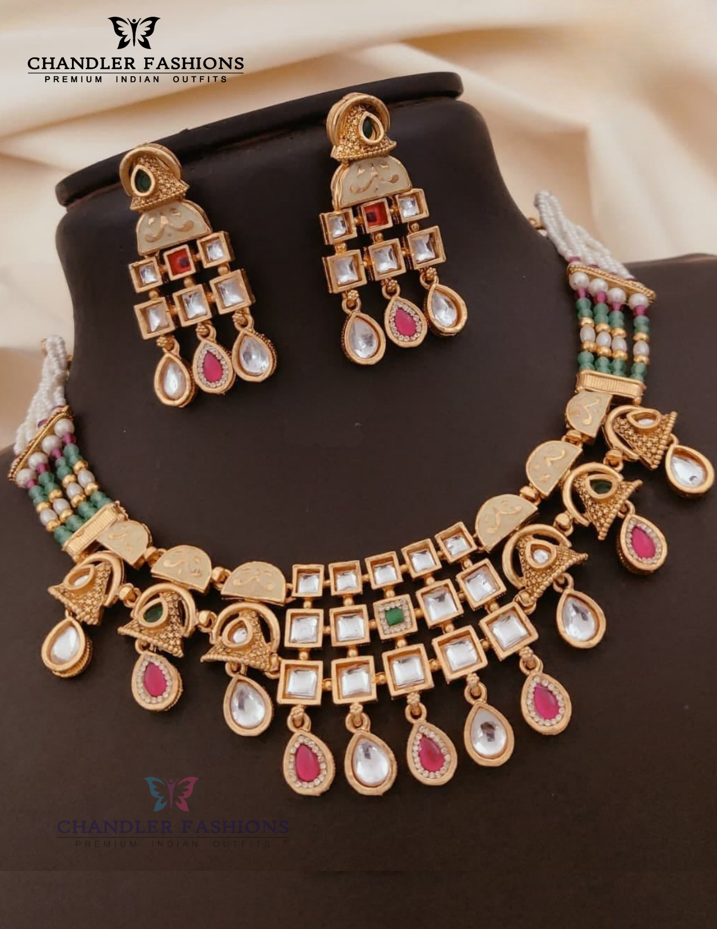 White Color Stone Antique Gold Necklace With Earrings Near Me 