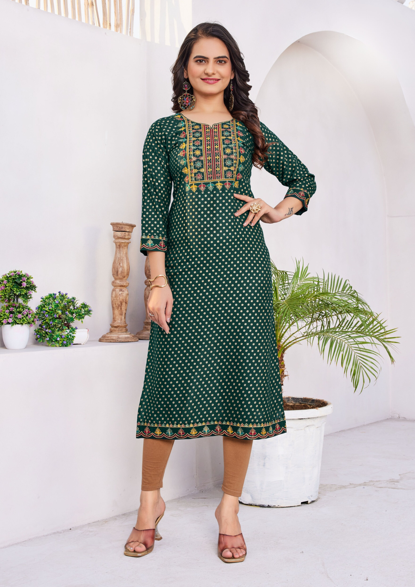 Pretty Dark Green Colored Dot Design Rayon Kurti With Embroidery Work