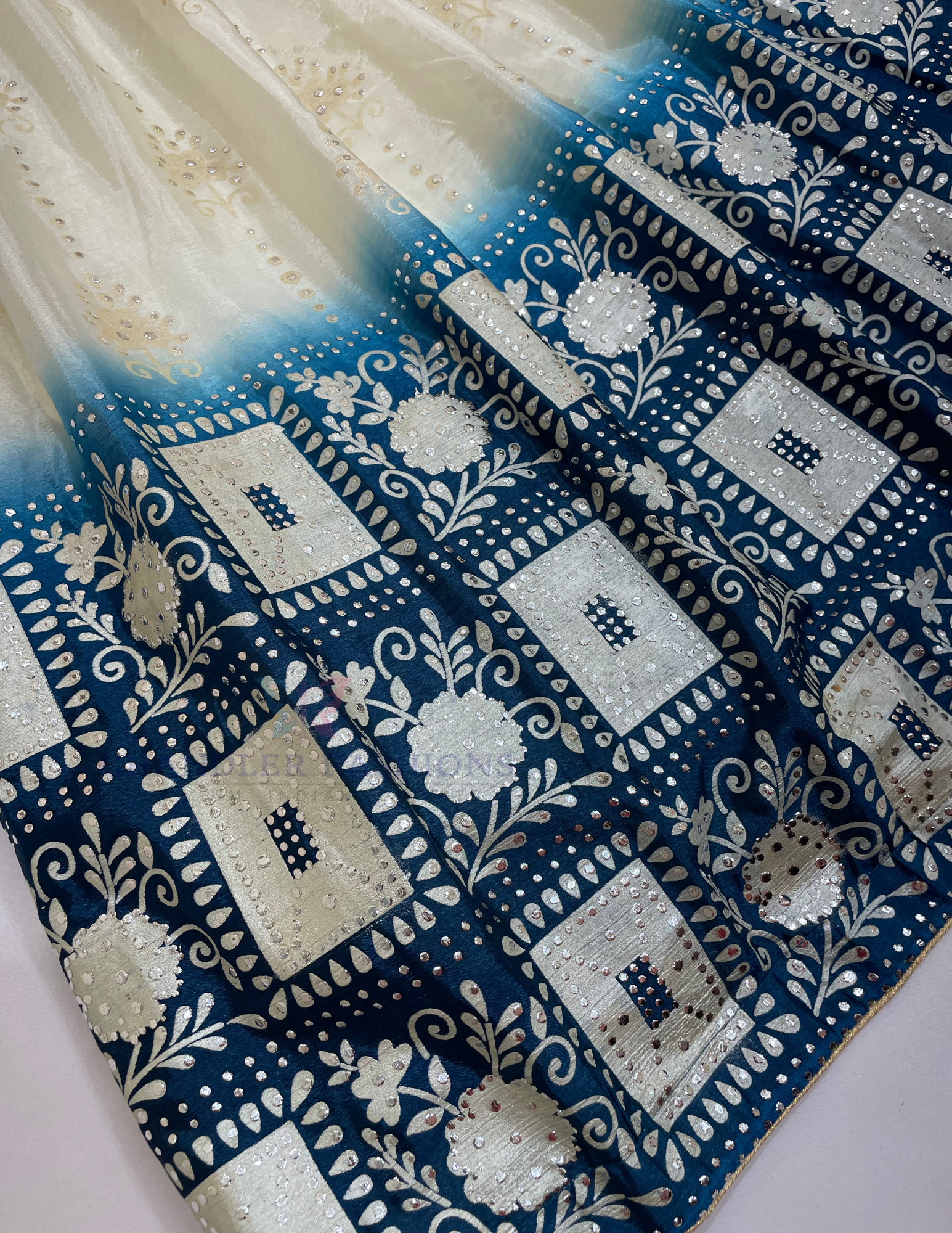 Teal Blue And Off White Color Georgette And Mirror Work Choli  In Peoria
