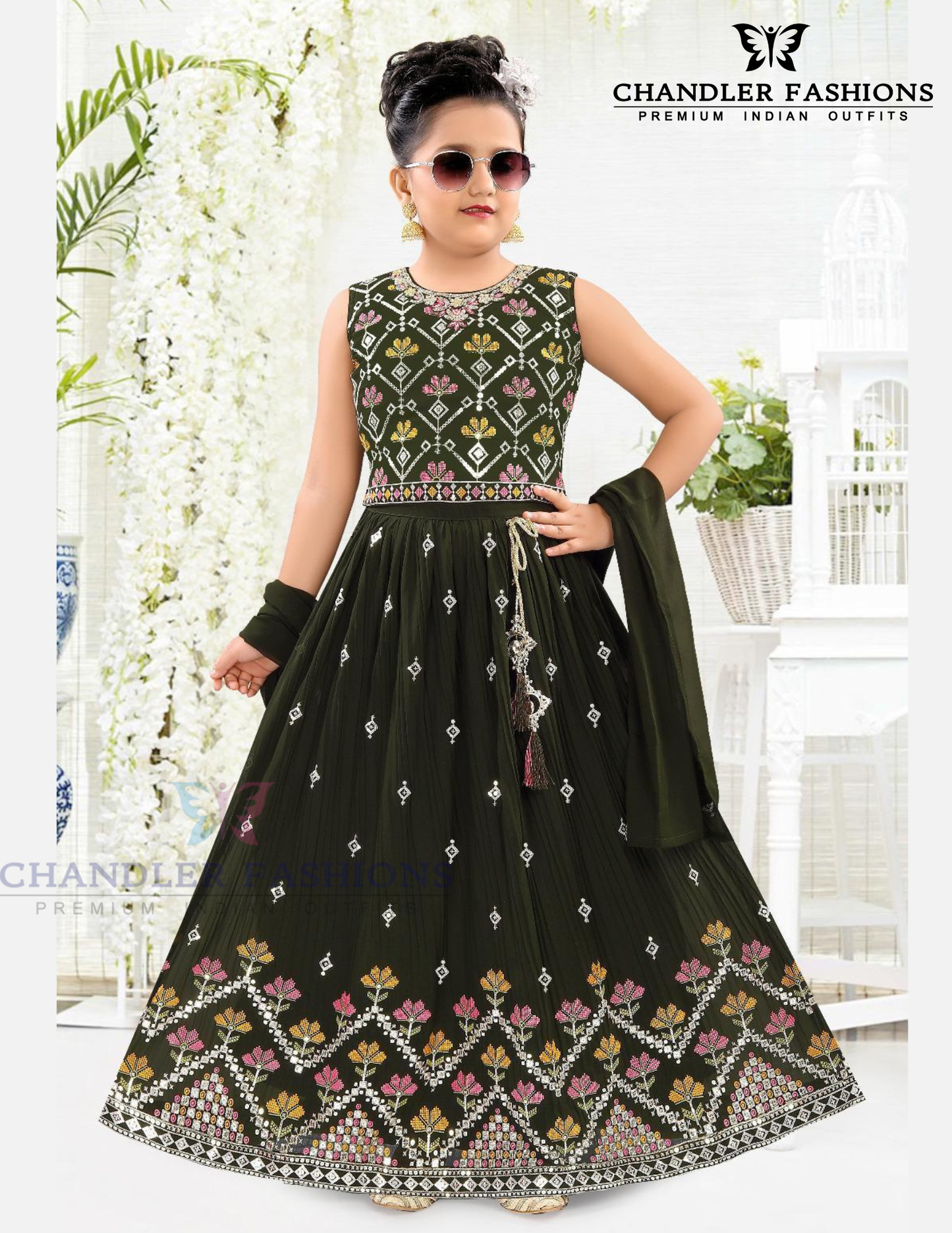 Charming Olive Green Color Embroidery Work Choli Set With Dupatta For Girls