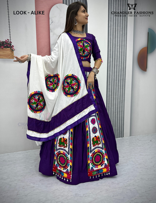 Attractive Violet Cotton Embroidery And Sequins Work Chaniya Lehenga Choli Dupatta