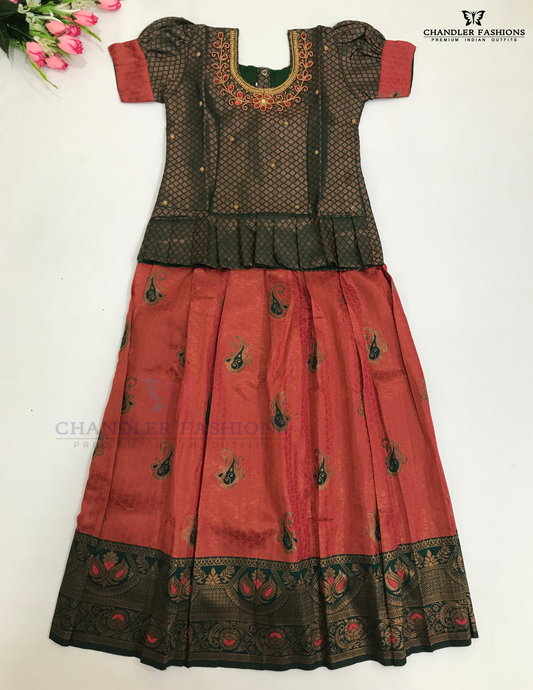 Beautiful Green And Red Color Silk Langa set With Stone Work For Girls