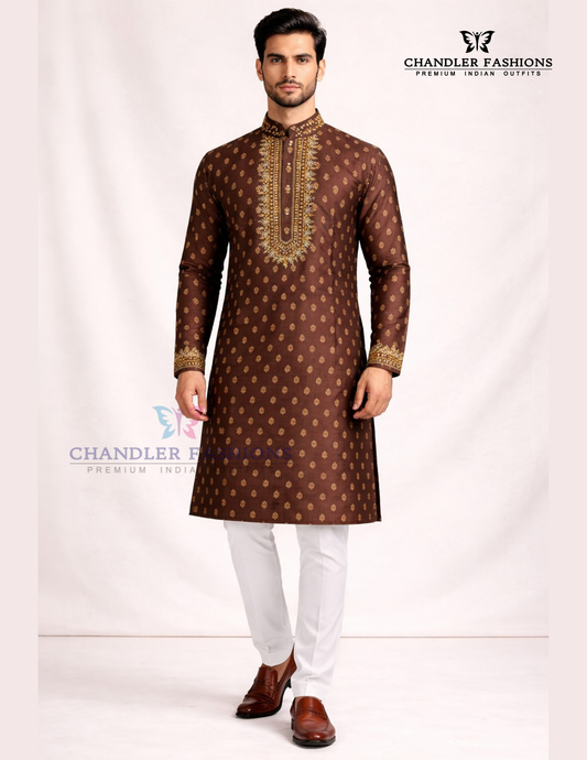 Gorgeous Brown Color Brocade Designer Men's Kurta With Pajama Pant