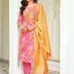 Gorgeous Pink Color Straight Kurthi With Pant And Fancy Jacquard Dupatta For Women