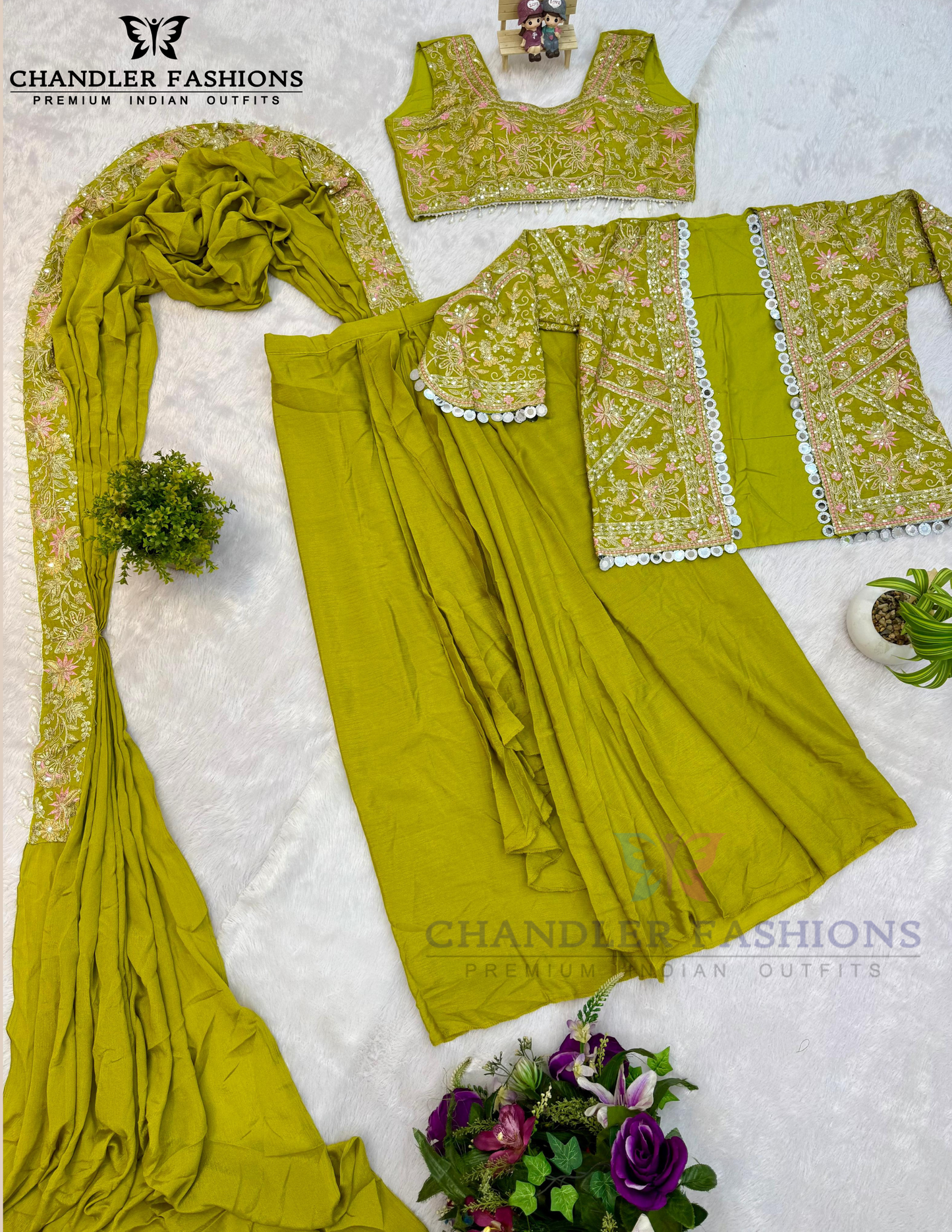 Beautiful Lime Green Color Heavy Embroidery Work Ready To Wear Saree For Women Near Me