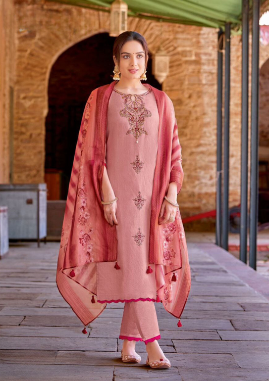 Alluring Peach Colored Thread And Handwork Salwar Suits With Dupatta Set