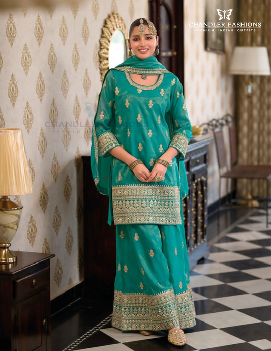 Stunning Teal Green Color Shimmer Silk With Embroidery Work Palazzo Suits