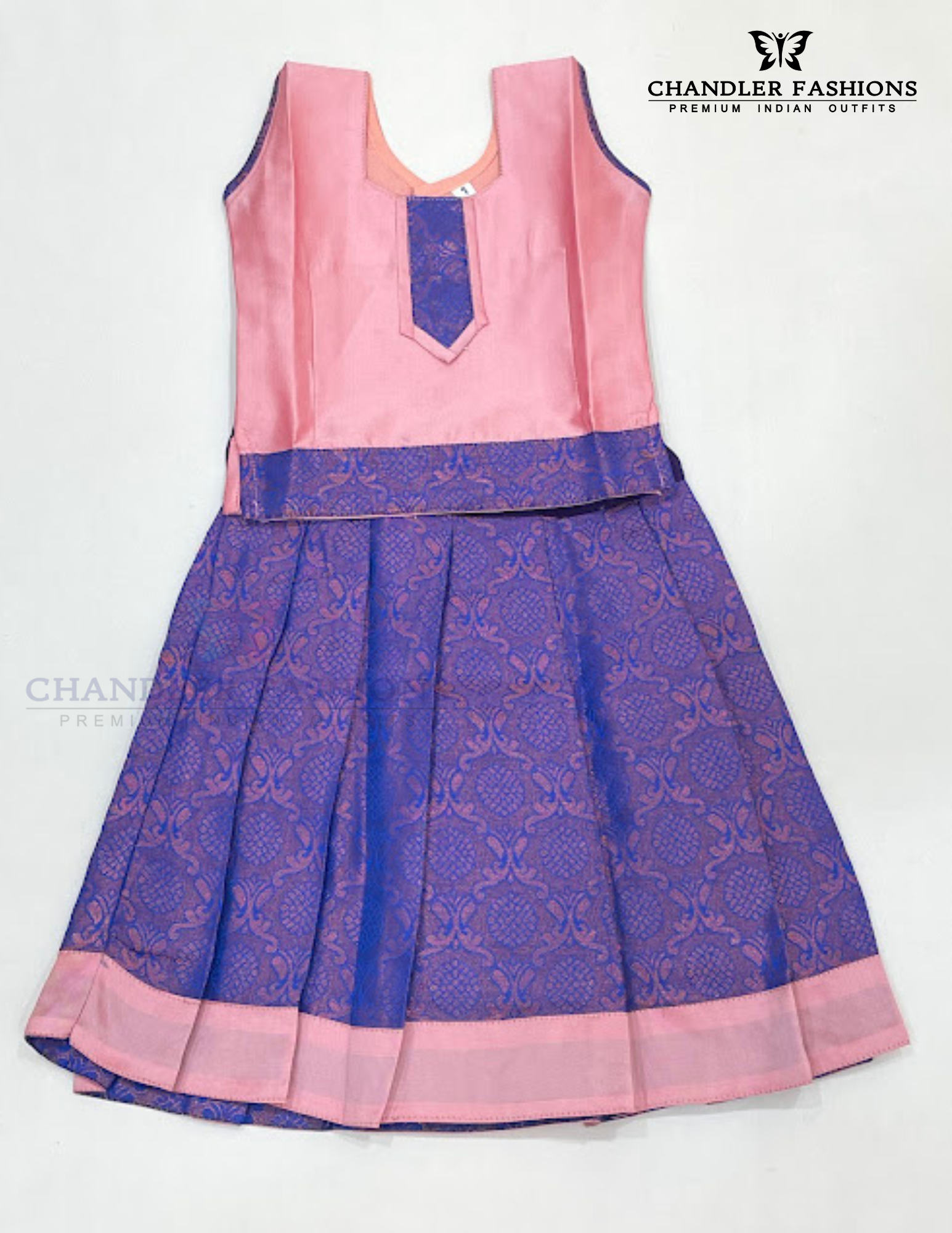 Attractive Peach Color Soft Silk Langa Set With Zari Work For Kids
