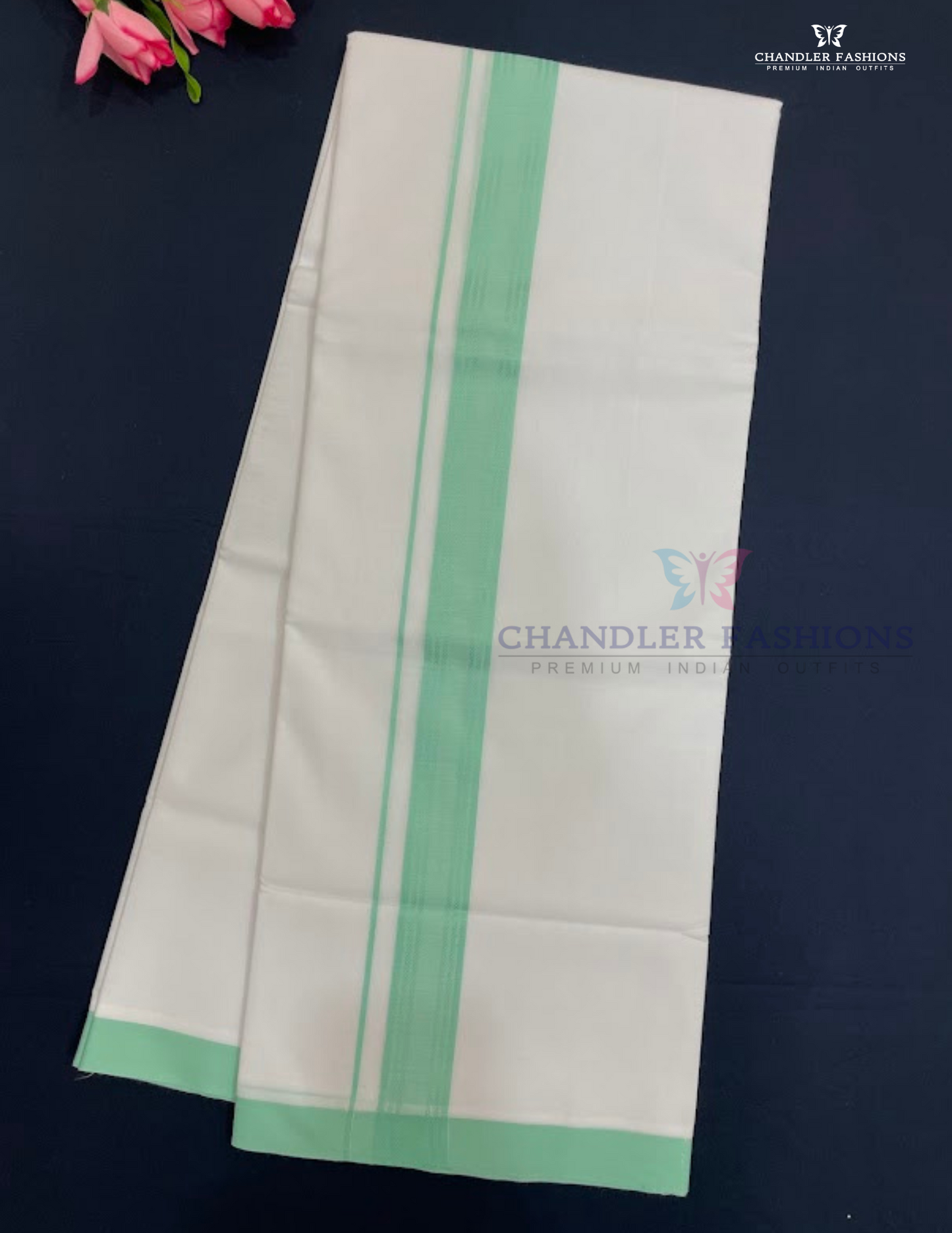 Elegant Men's White Premium Pure Cotton Green Color Border Dhoti
