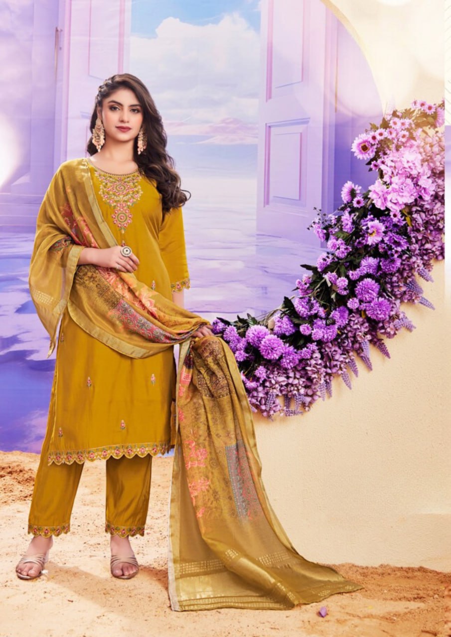 Dazzling Mustard Yellow Color Roman With Heavy Embroidery Work Kurti Suit For Women