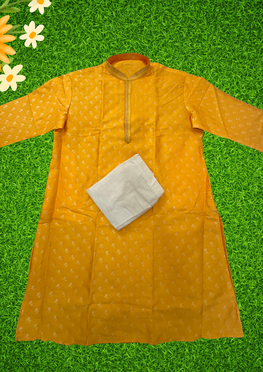 Gorgeous Yellow Color Art Silk Cream Threaded Floral Patterns Kurta Sets For Men