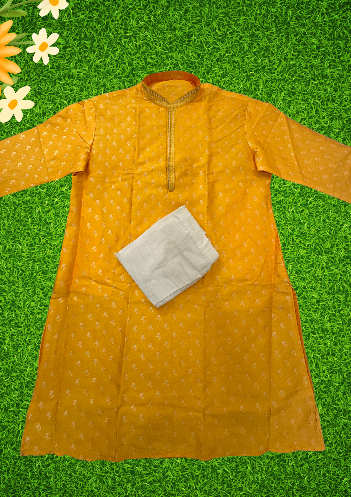 Gorgeous Yellow Color Art Silk Cream Threaded Floral Patterns Kurta Sets For Men