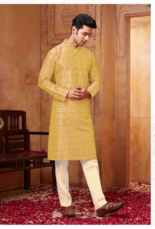 Attractive Yellow Color Poly Silk And Digital Printed Fancy Men's Kurta With Pajama Pant