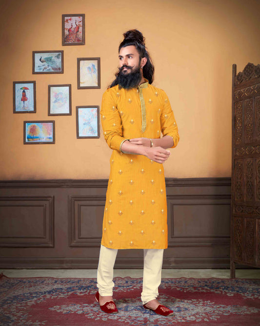 Dazzling Yellow Color Poly Blend Embroidery Kurta With Pajama Pant For Mens
