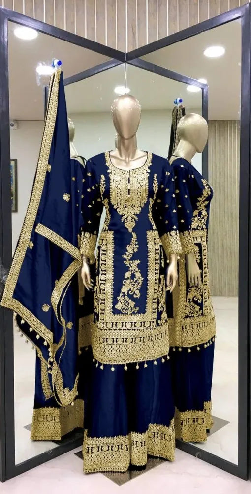 Charming Royal Blue Color Pure Chinon Embroidery And Dori Sequence Work Palazzo Suits For Women