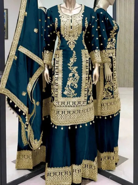 Attractive Teal Blue Color Pure Chinon Silk Heavy Embroidery Work Palazzo Suits Near Me