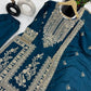 Attractive Teal Blue Color Pure Chinon Silk Heavy Embroidery Work Palazzo Suits In Mesa