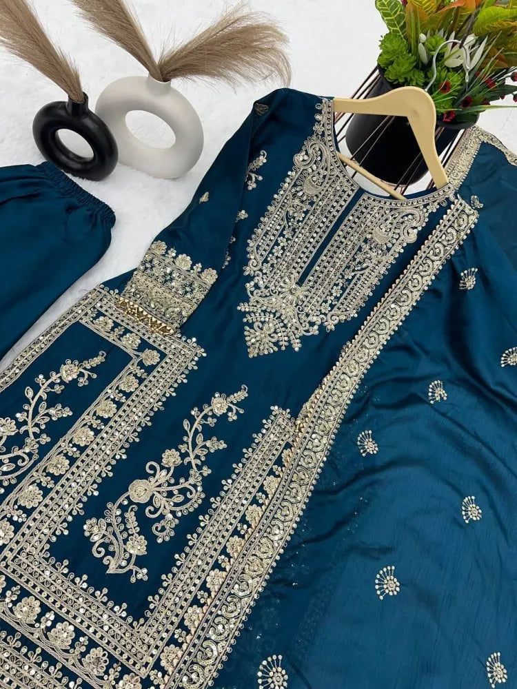 Attractive Teal Blue Color Pure Chinon Silk Heavy Embroidery Work Palazzo Suits In Mesa