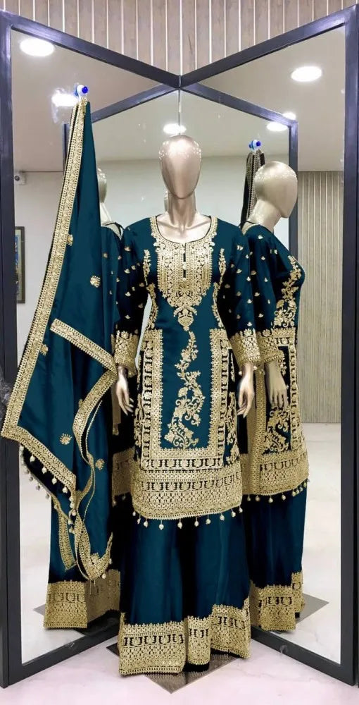 Attractive Teal Blue Color Pure Chinon Silk Heavy Embroidery Work Palazzo Suits For Women