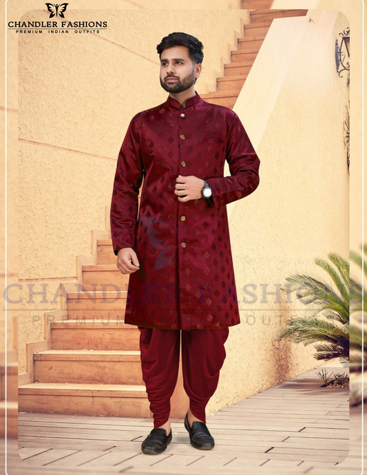 Attractive Maroon Color Silk Kurta With Embroidery Work And Cotton Pajama Set For Men