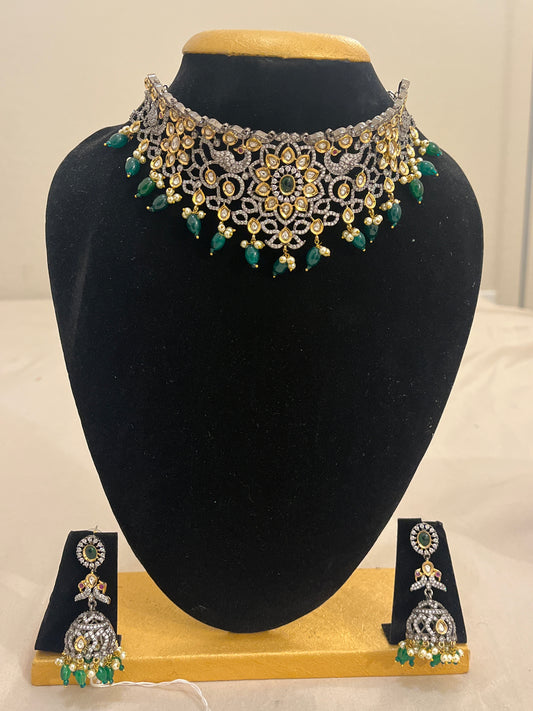 Unique Gold Plated Bridal Choker Set With Earrings