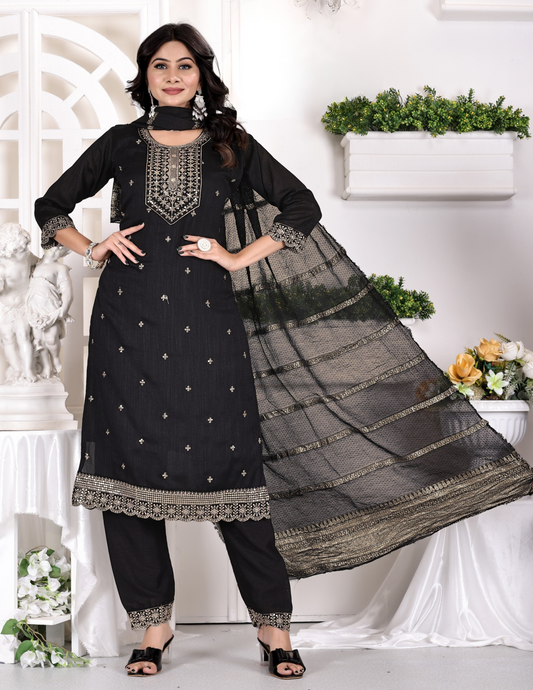Beauteous Black Color Zari Embroidery and Sequins Work Salwar Suits With Dupatta