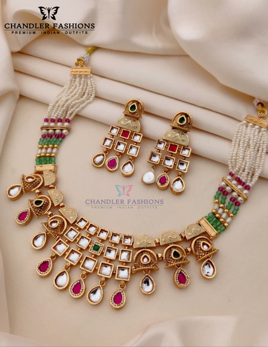 Ravishing White Color Stone Antique Gold Necklace With Earrings Set For Women