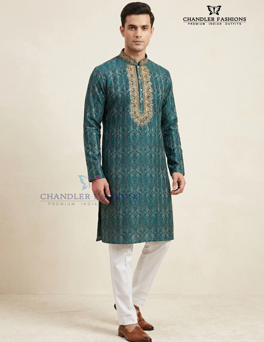 Marvelous Green Color Brocade Designer Men's Kurta With Pajama Pant