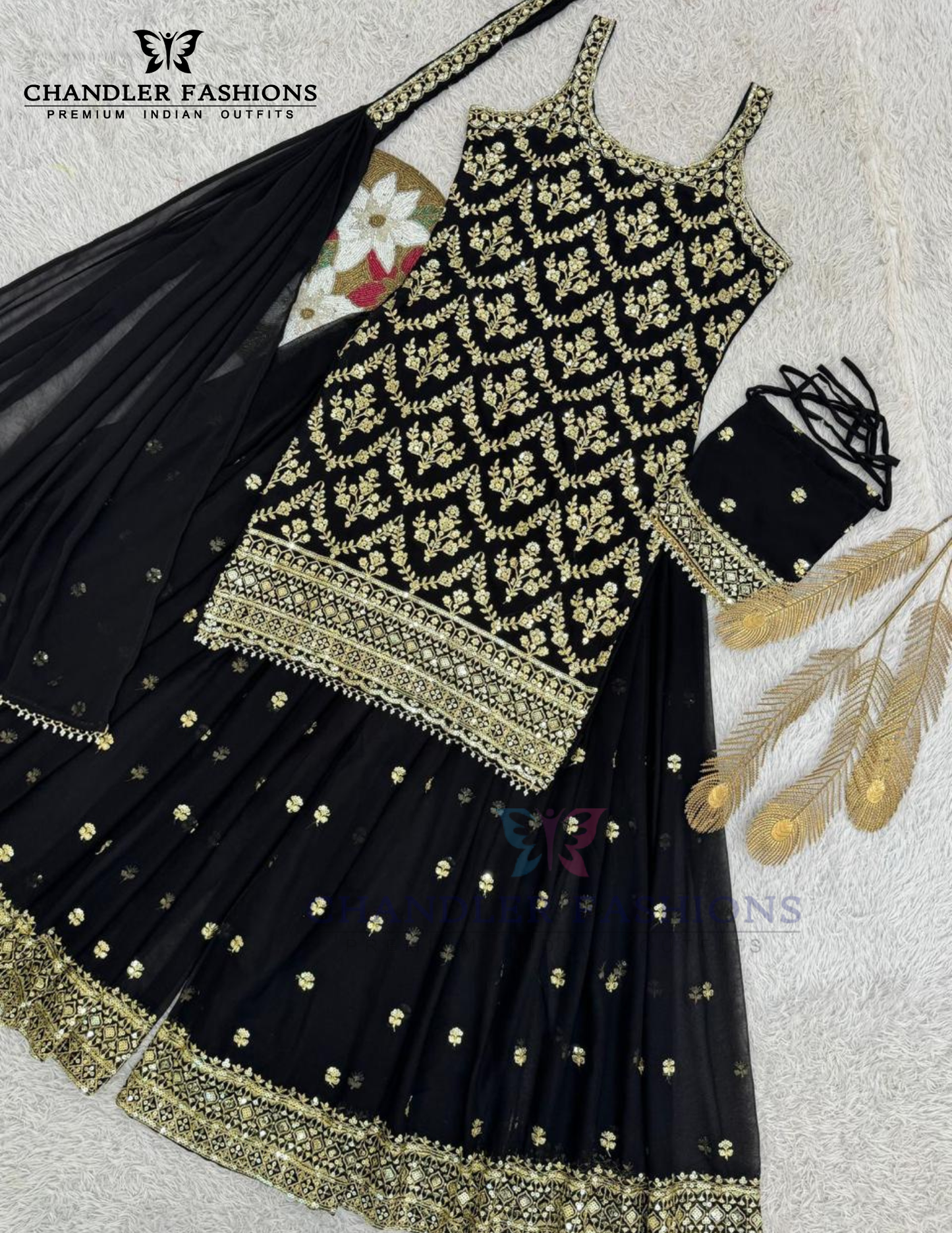 Black Color Georgette With Embroidery And Sequins Work Palazzo Suits In USA