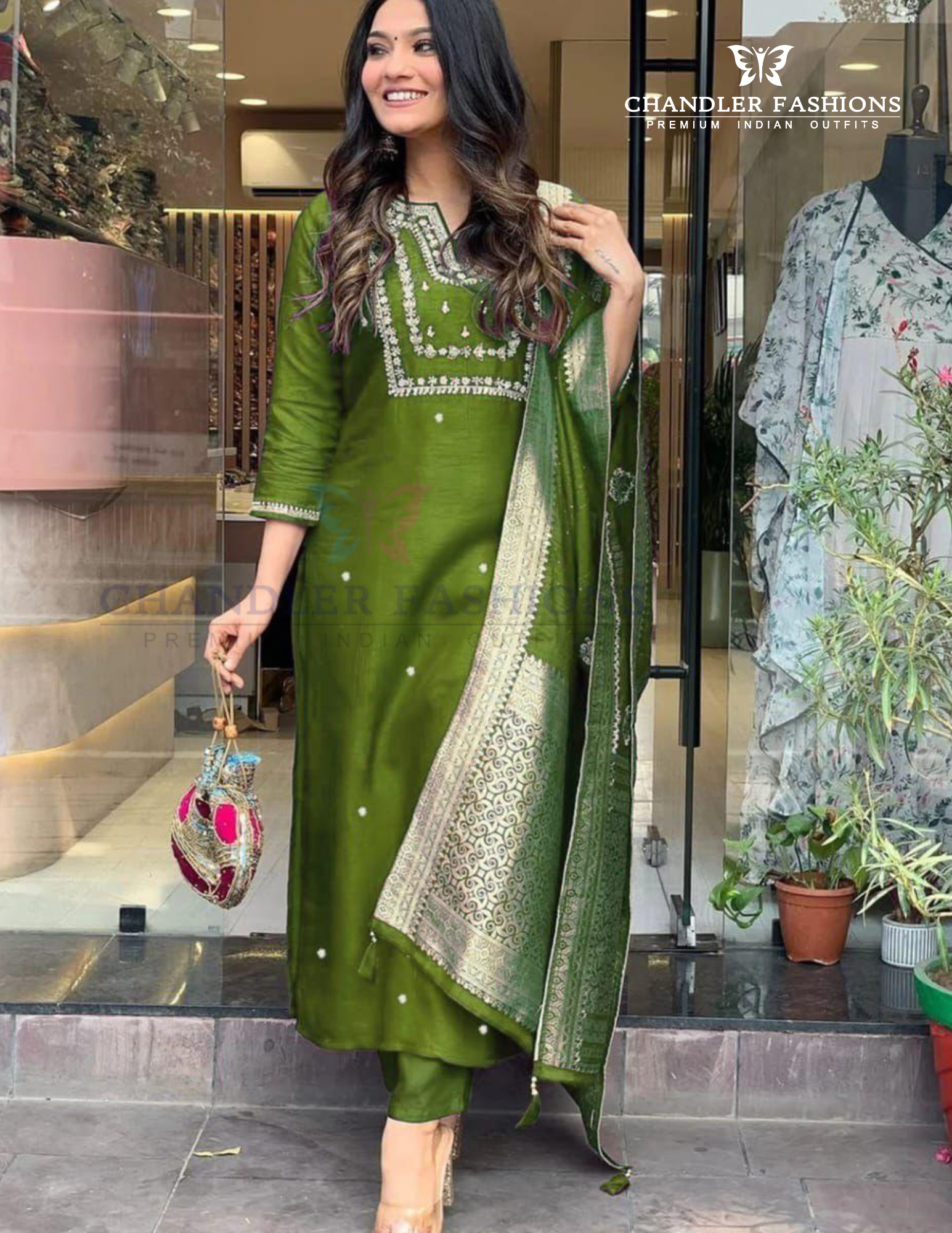 Beautiful Green Color Cotton Slub With Embroidery Work Salwar Suits For Women